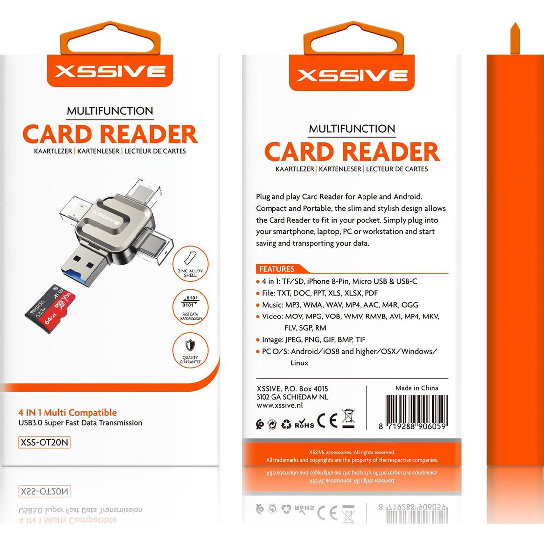 4in1 Geheugenkaart Reader met USB-C, Lightning en Micro-USB poort