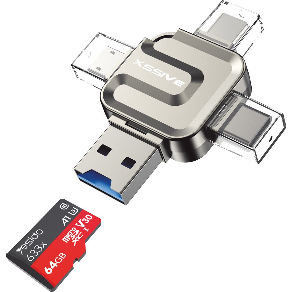 4in1 Geheugenkaart Reader met USB-C, Lightning en Micro-USB poort