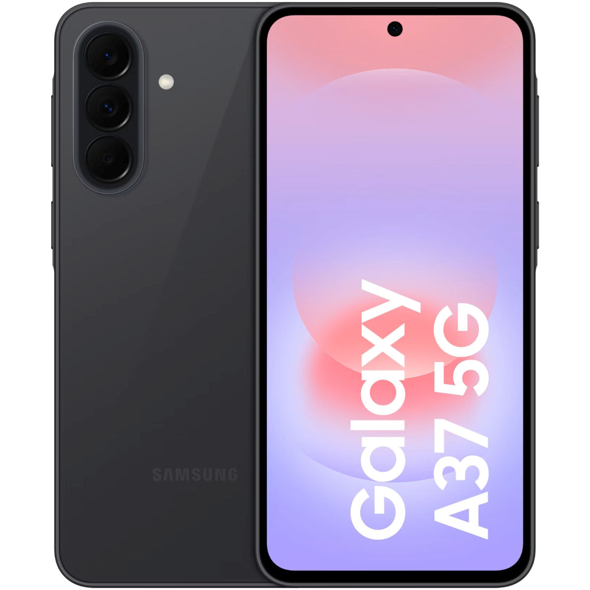 Totaaloverzicht van de Samsung Galaxy A37 5G, toont de voorkant met het AMOLED display en de achterkant met het drievoudige camerasysteem.