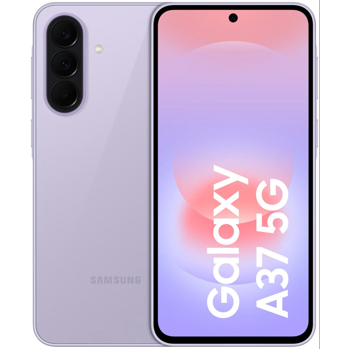 Totaaloverzicht van de Samsung Galaxy A37 5G, toont de voorkant met het AMOLED display en de achterkant met het drievoudige camerasysteem.