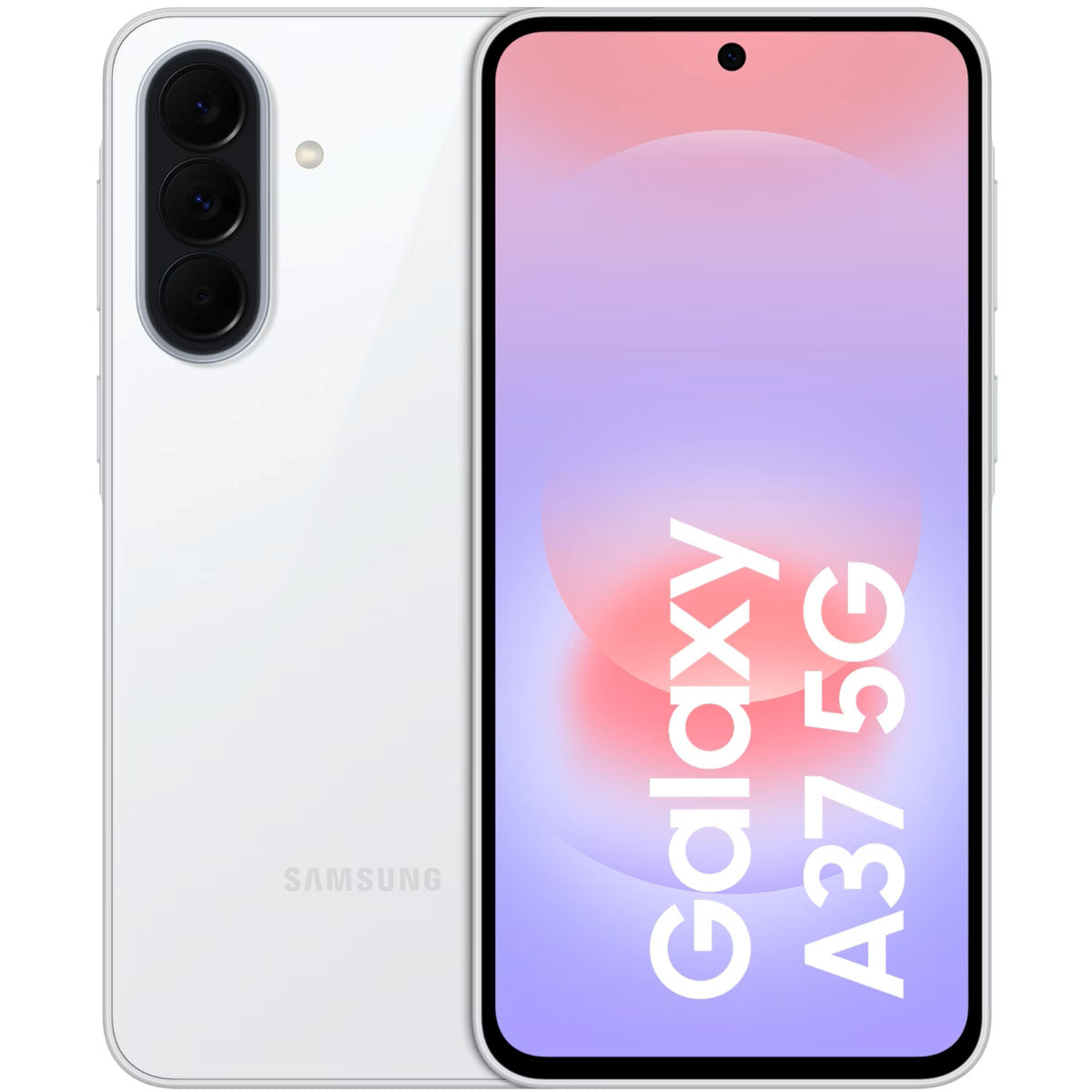 Totaaloverzicht van de Samsung Galaxy A37 5G, toont de voorkant met het AMOLED display en de achterkant met het drievoudige camerasysteem.