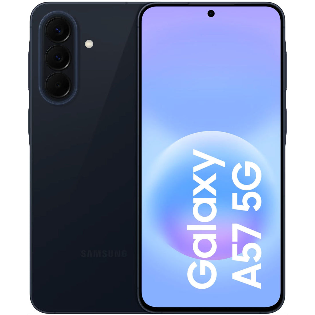 Totaaloverzicht van de Samsung Galaxy A57 5G toont het heldere AMOLED scherm aan de voorkant en het glazen design aan de achterkant.