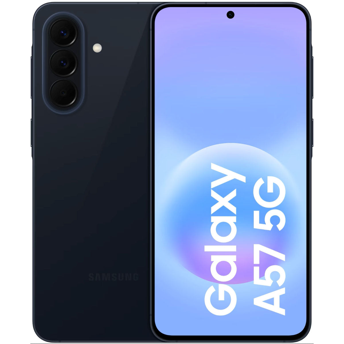 Totaaloverzicht van de Samsung Galaxy A57 5G toont het heldere AMOLED scherm aan de voorkant en het glazen design aan de achterkant.