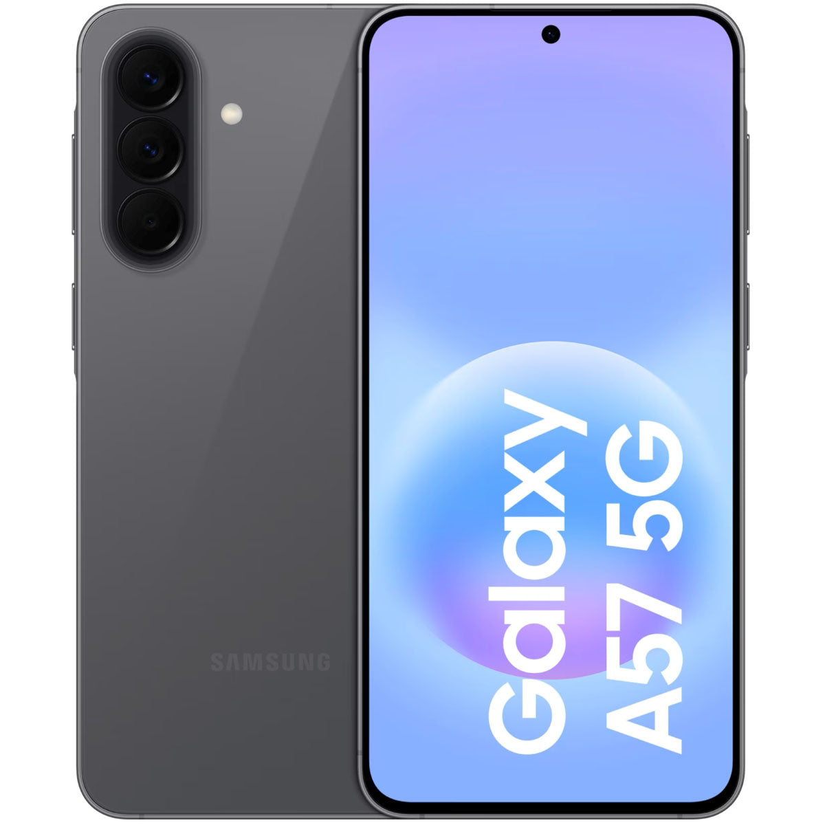 Totaaloverzicht van de Samsung Galaxy A57 5G toont het heldere AMOLED scherm aan de voorkant en het glazen design aan de achterkant.