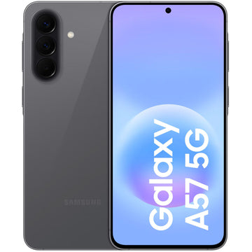 Totaaloverzicht van de Samsung Galaxy A57 5G toont het heldere AMOLED scherm aan de voorkant en het glazen design aan de achterkant.