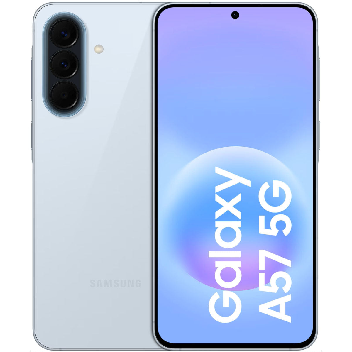 Totaaloverzicht van de Samsung Galaxy A57 5G toont het heldere AMOLED scherm aan de voorkant en het glazen design aan de achterkant.