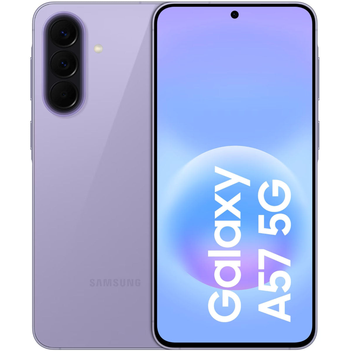 Totaaloverzicht van de Samsung Galaxy A57 5G toont het heldere AMOLED scherm aan de voorkant en het glazen design aan de achterkant.