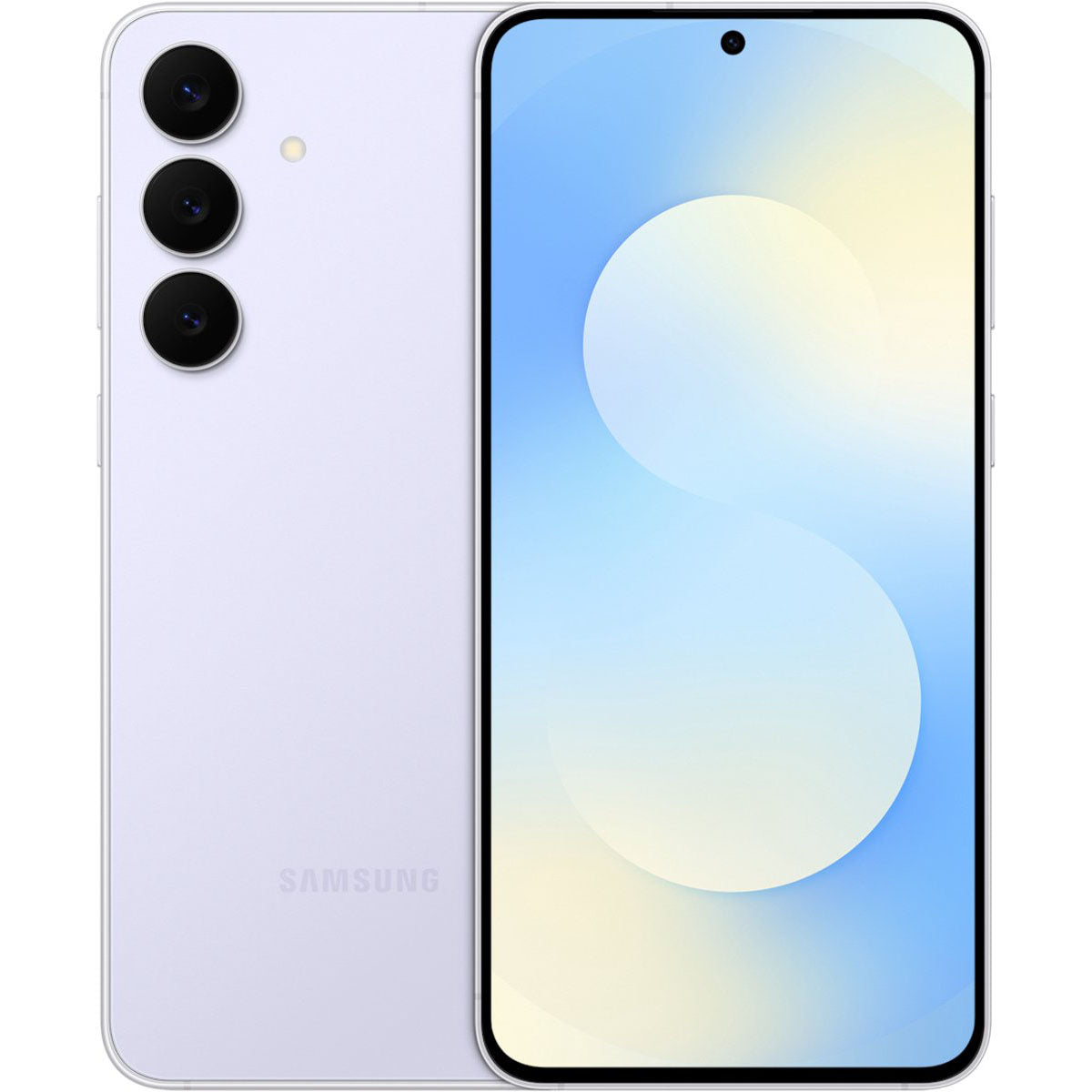 Volledig overzicht van de Samsung Galaxy S25 FE voorzijde met AMOLED scherm en achterzijde met de drievoudige camera.