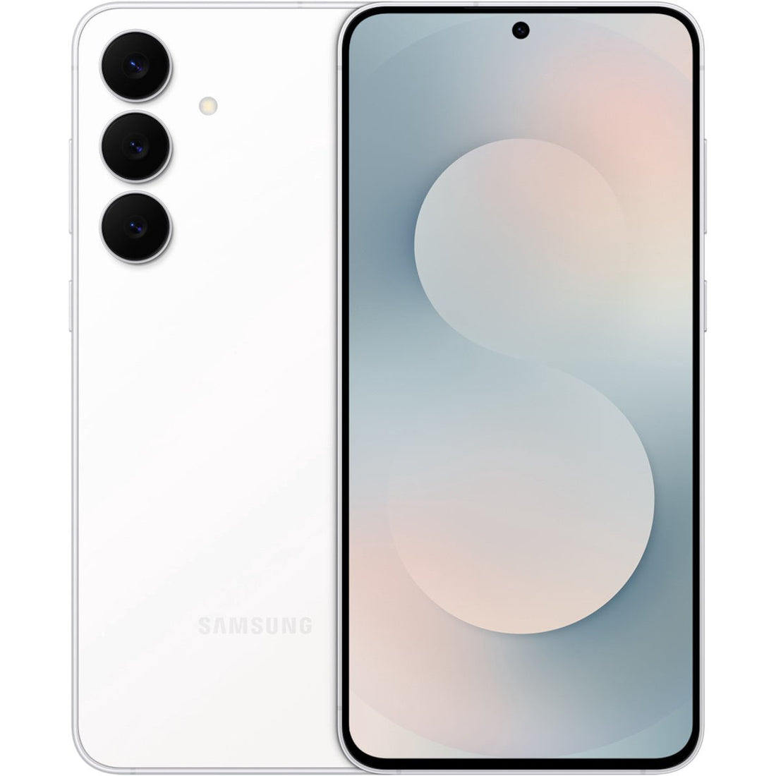 Volledig overzicht van de Samsung Galaxy S25 FE voorzijde met AMOLED scherm en achterzijde met de drievoudige camera.
