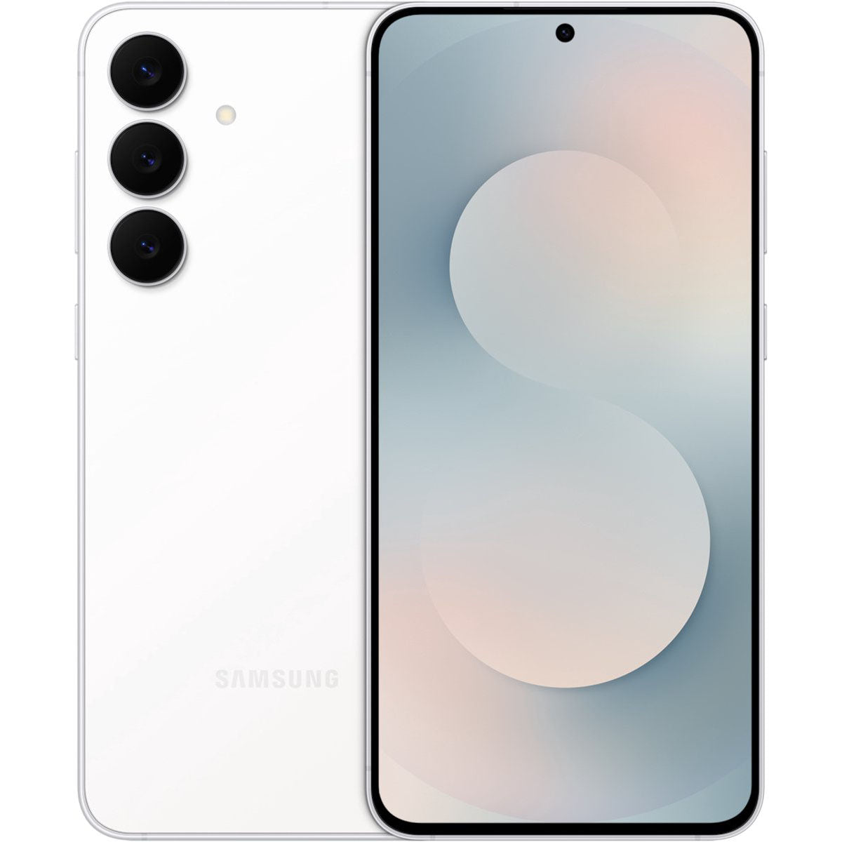 Volledig overzicht van de Samsung Galaxy S25 FE voorzijde met AMOLED scherm en achterzijde met de drievoudige camera.