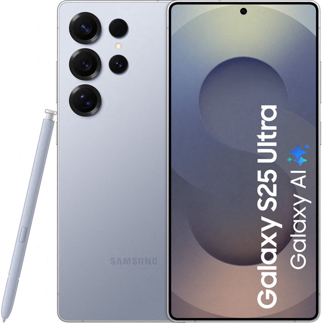 Totaaloverzicht van de Samsung Galaxy S25 Ultra, met focus op het platte display aan de voorzijde en de quad-camera met titanium frame aan de achterzijde.
