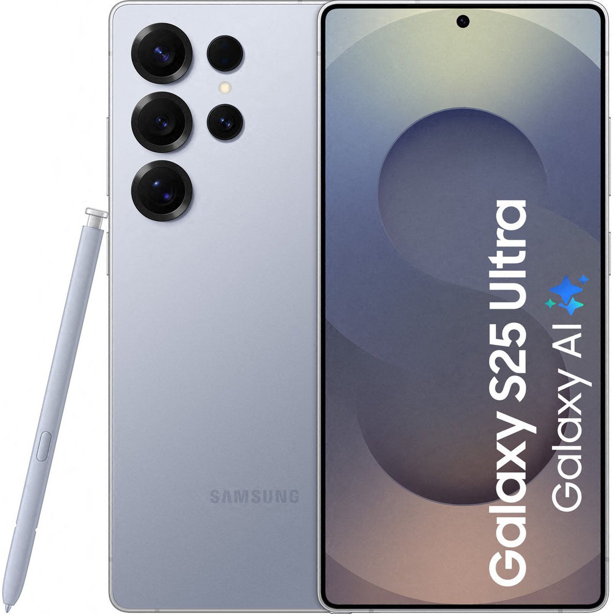 Totaaloverzicht van de Samsung Galaxy S25 Ultra, met focus op het platte display aan de voorzijde en de quad-camera met titanium frame aan de achterzijde.