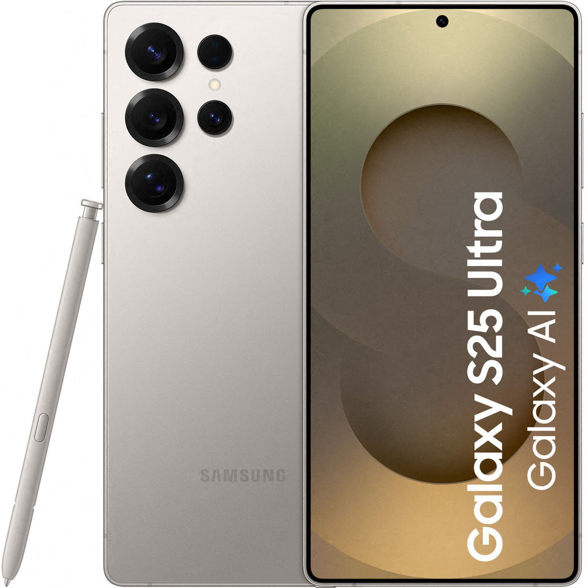 Totaaloverzicht van de Samsung Galaxy S25 Ultra, met focus op het platte display aan de voorzijde en de quad-camera met titanium frame aan de achterzijde.