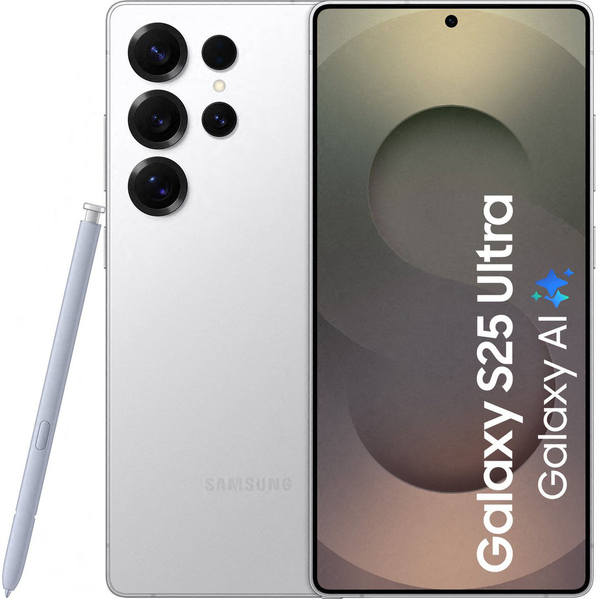 Totaaloverzicht van de Samsung Galaxy S25 Ultra, met focus op het platte display aan de voorzijde en de quad-camera met titanium frame aan de achterzijde.