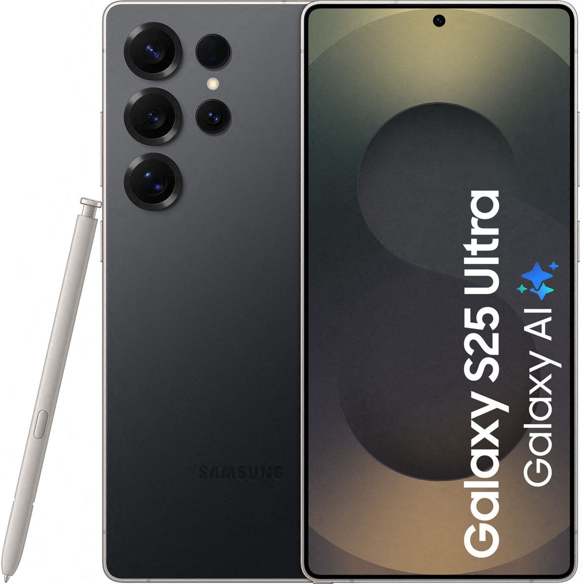 Totaaloverzicht van de Samsung Galaxy S25 Ultra, met focus op het platte display aan de voorzijde en de quad-camera met titanium frame aan de achterzijde.