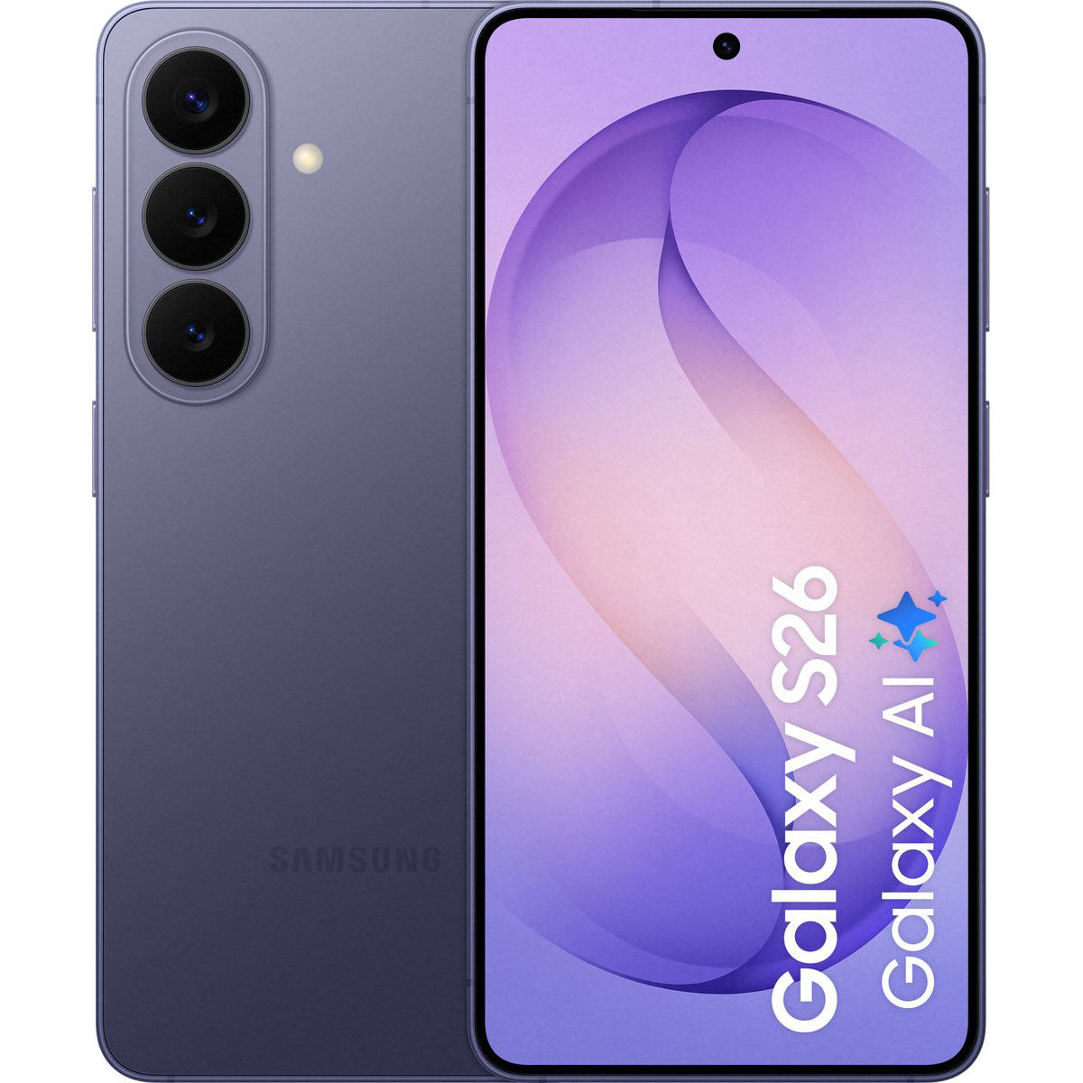 Voor- en achterzicht van de nieuwe Samsung Galaxy S26 smartphone met AI-camera's en helder AMOLED display