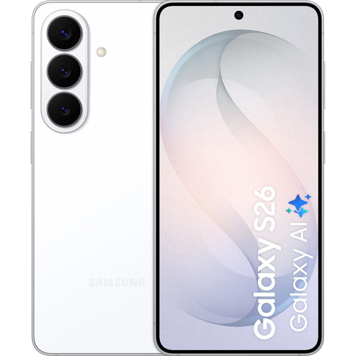 Voor- en achterzicht van de nieuwe Samsung Galaxy S26 smartphone met AI-camera's en helder AMOLED display