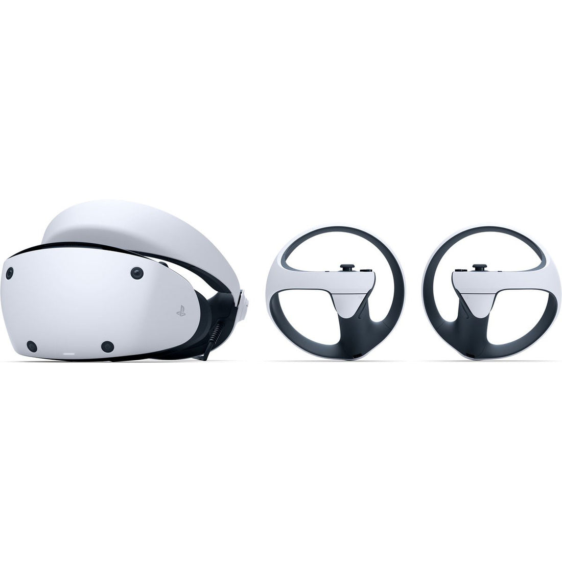 Sony PlayStation VR2 voor- en achteraanzicht met VR-headset en Sense-controllers