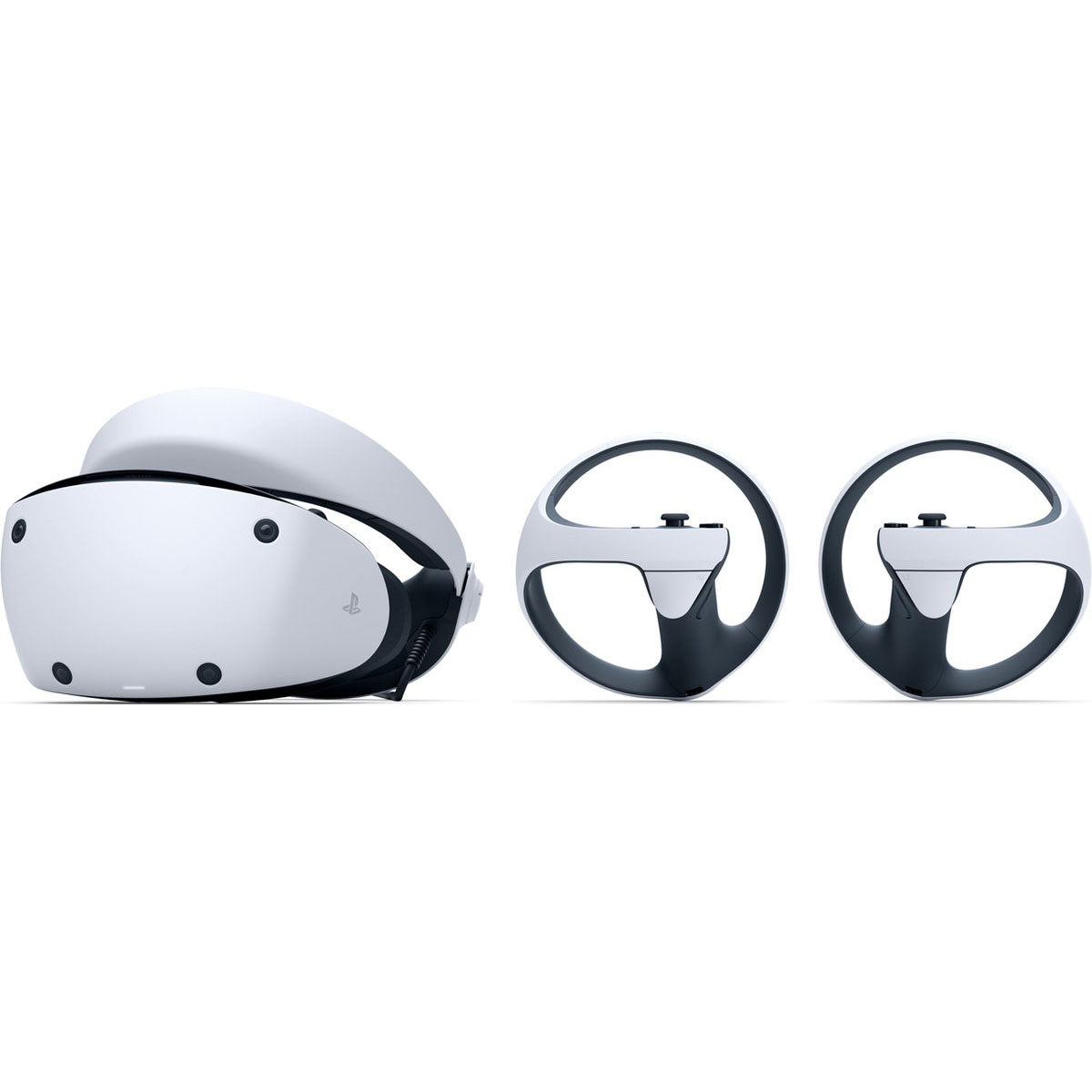 Sony PlayStation VR2 voor- en achteraanzicht met VR-headset en Sense-controllers