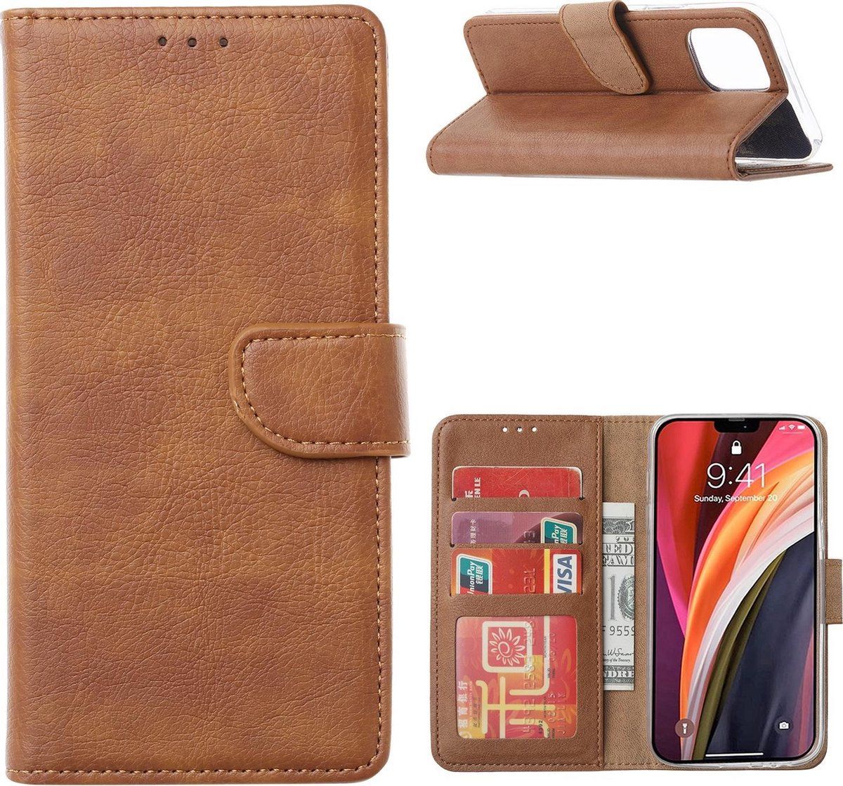 Xssive Lederen Wallet Book Case Apple iPhone 16 Pro Max Bruin binnenkant, kaarthouders, standfunctie, magneetsluiting