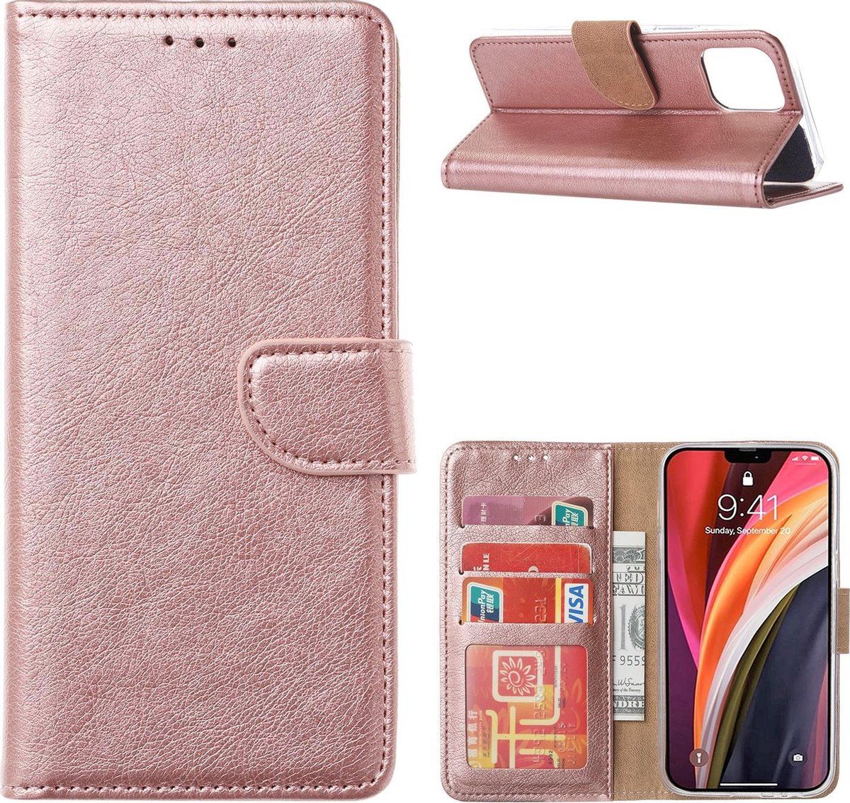 Xssive Lederen Wallet Book Case Apple iPhone 16 Pro Max Rosegoud binnenkant, kaarthouders, standfunctie, magneetsluiting
