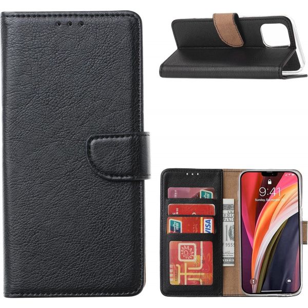 Xssive Lederen Wallet Book Case Apple iPhone 16 Pro Zwart binnenkant, kaarthouders, standfunctie, magneetsluiting